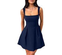 DSAoTeng Robe d'été sans manches à col carré pour femme - Robe d'été courte d'été avec nœud papillon et ourlet à volants avec bretelles réglables - Robe d'été fluide dos nu pour fête et soirée, bleu