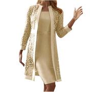 DSAoTeng Robe élégante pour femme avec robe débardeur d'été à manches 3/4 en dentelle - Tenue décontractée pour invitées de mariage, fête de cocktail, beige, XL