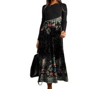 DSAoTeng Robe pour femme à imprimé floral, manches longues, col rond plissé, ample, robe longue de style bohème élégante - Robe élastique ample pour soirée d'automne et d'hiver, Vert, XXL