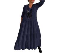 DSAoTeng Robe tunique ample coton-lin manches longues col V bohème décontracté bleu marine 3XL