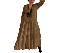 DSAoTeng Robe tunique ample en coton et lin à manches longues et col en V pour femme - Couleur unie - Style bohème décontracté - Pour vacances à la plage, marron, 5XL