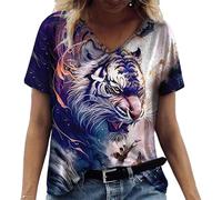 DSAoTeng T-shirt tendance à col en V avec animaux chat tigre graphique imprimé 3D T-shirt d'été à manches courtes surdimensionné, # 5, L