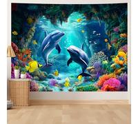 DSAoTeng Tapisserie murale du monde sous-marin - Océan bleu, poisson tropical, récif de corail, aquarium profond scène magique sous-marine, pour chambre à coucher, dortoir, salon (dauphin 1,95 x 70 cm