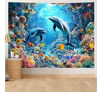 DSAoTeng Tapisserie murale du monde sous-marin - Océan bleu, poisson tropical, récif de corail, aquarium profond scène magique sous-marine, pour chambre à coucher, dortoir, salon (dauphin 2, 150 x 130