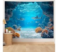 DSAoTeng Tapisserie murale du monde sous-marin - Océan bleu, poisson tropical, récif de corail, aquarium profond scène magique sous-marine, pour chambre à coucher, dortoir, salon (requin 1, 150 x 200