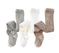 Dsaren 3 Paires Collants Coton Fille Respirant Thermiques Chaussettes Tricotées Jambières Bébé(Blanc, Gris, Marron, L (2-3 ans)