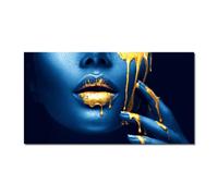 dsdsgog Bleu et Or Sexy Lèvres Portrait Peinture sur Toile Maquillage Art Affiches et Impressions Mur Art Photo pour Salon Décor 90x180cm Sans Cadre