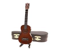 Dselvgvu Ukulélé miniature en bois avec support et étui - Réplique de figurines de collection - Décoration d'intérieur (14 x 4,5 x 1,7 cm, marron)