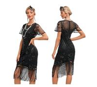 DSFIHJO Robe à franges Robe à paillettes vintage style clapet, idéale for un cocktail, une soirée, mariage, danse ou des perles Robe vintage femme(Pure black,XXXL)
