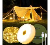 DSGKUU Guirlande lumineuse de camping enroulable, 10 m, 4 en 1, portable, rechargeable, pour l'extérieur, avec 8 modes d'éclairage, étanche, USB, lampe de poche pour tente, randonnée, fête