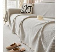 DSHUB Grand jeté de canapé imperméable crème 180 x 420 cm en Chenille Douce à Chevrons avec Pompons, idéal pour canapé-lit 1 à 4 Places et Housse de Chaise