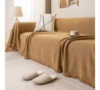 DSHUB Grand jeté de canapé imperméable Jaune 180 x 340 cm en Chenille Douce à Chevrons avec Pompons, idéal pour Les canapés 1 à 4 Places, Les fauteuils et Les Lits. Housse élégante.