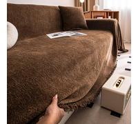 DSHUB Grande Couverture de canapé imperméable Marron Chocolat 180x340 cm Chenille à Chevrons Douce avec Pompons Parfaite pour Un canapé-lit 4 Places ou Une Housse de Chaise