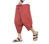 DSJJ Homme Sarouel 3/4 Shorts Bermudas Pantalon Taille Elastique Baggy Large Pantacourt Décontracté Léger Pantalon en Lin (Rouge,2XL (Label 3XL))
