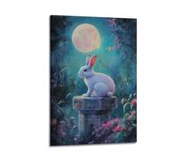 DSJXJZ Impression sur toile représentant un lapin blanc assis sur un pilier de pierre sous la pleine lune avec des fleurs - Décoration murale moderne pour chambre à coucher - 20 x 30 cm