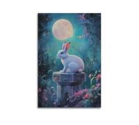 DSJXJZ Impression sur toile représentant un lapin blanc assis sur un pilier de pierre sous la pleine lune avec des fleurs - Décoration murale moderne pour chambre à coucher - 60 x 90 cm