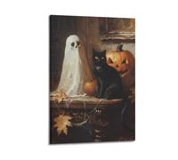 DSJXJZ Peinture à l'huile sur toile pour Halloween, chat, fantôme et citrouille, lanterne murale, décoration murale moderne pour chambre à coucher, 20 x 30 cm