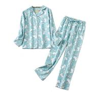 DSKK Ensemble de Pyjama pour Femme Flanelle Coton Confortable Boutonné Manches Longues Chemise et Pantalons (Vert,XL)