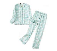 DSKK Ensemble de Pyjama pour Femme Flanelle Coton Confortable Boutonné Manches Longues Chemise et Pantalons (Bleu,XL)