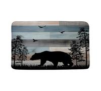 DSMEUE Tapis de bain rustique motif ours cabane faune vintage planche en bois arbre forêt animal pays nature noir bleu tapis de salle de bain cuisine tapis 61 x 91,4 cm