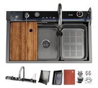 DSMRLEOP Évier de cuisine, design cascade et finition noire en acier inoxydable, évier de style ferme grand bassin unique, évier de préparation avec revêtement nano, avec robinet