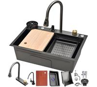 DSMRLEOP Évier de cuisine noir en acier inoxydable - Station de travail multifonction avec robinet cascade extensible, chasse d'eau haute pression, planche à découper, siphon avec panier de vidange,