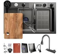 DSMRLEOP Évier de cuisine rectangulaire en acier inoxydable, noir, cascade, 85x50 cm, 1 bac, siphon, trop-plein, bonde, multifonction, moderne, kit d'accessoires (noir)