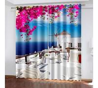 Dsnyu Rideau Cuisine Long, Rideau de Cuisine Long Bleu Rose Rouge Polyester Paysage de Construction en Bord de Mer 96L x 138H CM Lot de 2