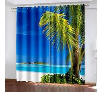 Dsnyu Rideau Cuisine, Rideau Stof Polyester Bleu Vert Paysage de Plage et de Mer avec des Feuilles de Palmier 86L x 160H CM Lot de 2