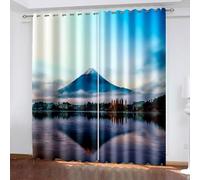 Dsnyu Rideau de Cuisine Vintage, Rideau Occultant Polyester Bleu Vert Gris Paysage du Lac du Mont Fuji 132L x 244H CM Lot de 2