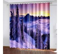 Dsnyu Rideau Occultant, Rideau Fenetre Chambre Jaune Gris Polyester Lever de Soleil, Montagnes Enneigées et Nuages 86L x 229H CM Lot de 2