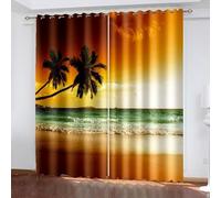 Dsnyu Rideau Occultant Salon, Rideau Stof Polyester Jaune Marron Vert Paysage de Palmiers et de Vagues de La Mer 86L x 160H CM Lot de 2