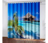 Dsnyu Rideau Stof Polyester, Rideau Chambre Adulte Bleu Vert Marron Villa sur La Mer et Paysage de Palmiers 152L x 214H CM Lot de 2
