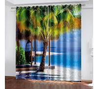 Dsnyu Rideau Stof Polyester, Rideau Cuisine Bleu Vert Paysage de Plage et de Palmiers 86L x 183H CM Lot de 2