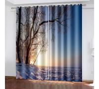 Dsnyu Rideau Stof Polyester, Rideau Cuisine Fenetre Gris Bleu Arbres Champ de Neige Coucher de Soleil Paysage 244L x 214H CM Lot de 2