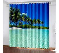 Dsnyu Rideau Stof Polyester, Rideau Occultant Cuisine Bleu Vert Paysage de Plage et de Cocotiers 86L x 183H CM Lot de 2