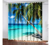 Dsnyu Rideau Stof Polyester, Rideaux Salon Bleu Vert Paysage de Mer et de Cocotiers 152L x 214H CM Lot de 2