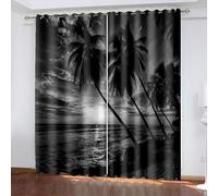 Dsnyu Rideaux Cuisine Moderne, Rideaux Gris Polyester Paysage de Lever de Soleil avec Palmiers en Bord de Mer 137L x 229H CM Lot de 2