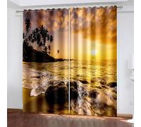 Dsnyu Rideaux Cuisine Occultant, Rideaux de La Cuisine Moderne Jaune Marron Paysage de Lever de Soleil Au Bord de Mer avec Palmiers 132L x 214H CM Lot de 2