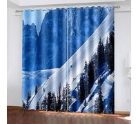 Dsnyu Rideaux Fenetre Chambre, Rideau Stof Polyester Bleu Gris Blanc Paysage D'Arbres de Montagne Enneigée 86L x 160H CM Lot de 2