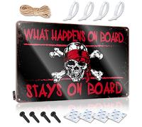 Dsoluuing Plaque en étain à café Pirate What Happens On Board - Panneau en étain Man Cave - Panneau en métal dans les panneaux de bar à la maison (taille : 20 x 30 cm)