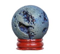 dssmboom Boule de Cristal, sphère d'agate cristalline revêtue de Titane | Boule de cristal bleu clair polie avec support en bois, boule de pierre Feng Shui décorative pour la méditation, 40 mm