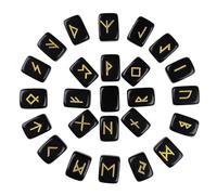 dssmboom Ensemble de 25 Pierres runiques gravées avec des Lettres païennes, Pierres polies avec l'alphabet Elder Futhark doré pour la Divination de Cristal et la guérison Reiki, Obsidienne Noire