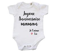 DSTNY Body Bébé Joyeux Anniversaire Maman Je t'aime + prénom à personnsaliser Blanc 0-3 mois