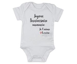 DSTNY Body Bébé Joyeux Anniversaire Mamie Je t'aime + prénom à personnsaliser Blanc 6-12 mois