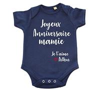 DSTNY Body Bébé Joyeux Anniversaire Mamie Je t'aime + prénom à personnsaliser Bleu marine 3-6 mois