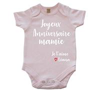 DSTNY Body Bébé Joyeux Anniversaire Mamie Je t'aime + prénom à personnsaliser Rose 3-6 mois