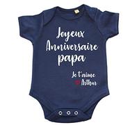 DSTNY Body Bébé Joyeux Anniversaire Papa Je t'aime + prénom à personnsaliser Bleu marine 6-12 mois