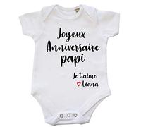 DSTNY Body Bébé Joyeux Anniversaire Papi Je t'aime + prénom à personnsaliser Blanc 3-6 Mois