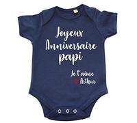 DSTNY Body Bébé Joyeux Anniversaire Papi Je t'aime + prénom à personnsaliser Bleu Marine 3-6 Mois